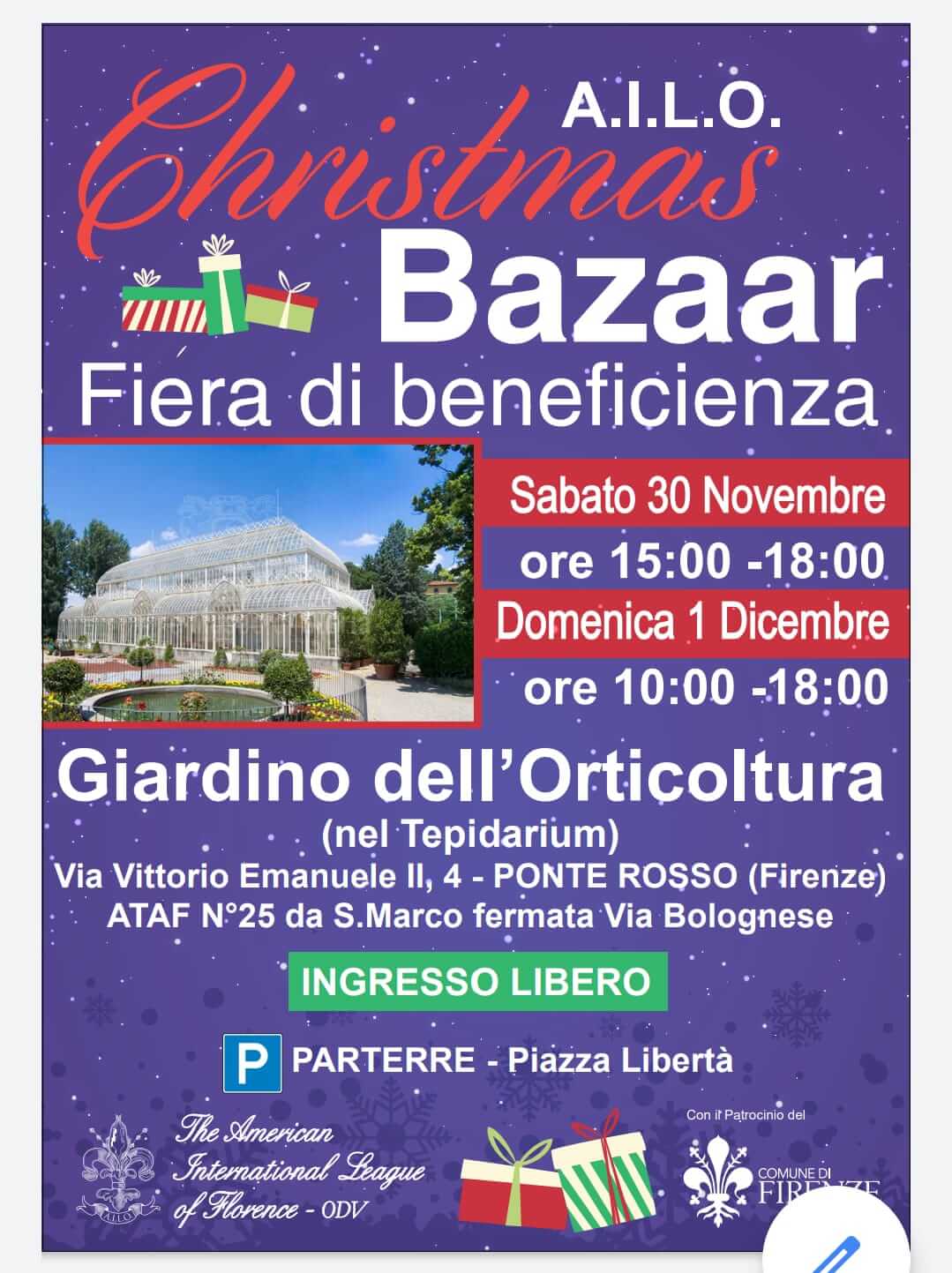 Firenze: 44° edizione di Christmas Bazaar il mercato di beneficenza organizzato da AILO