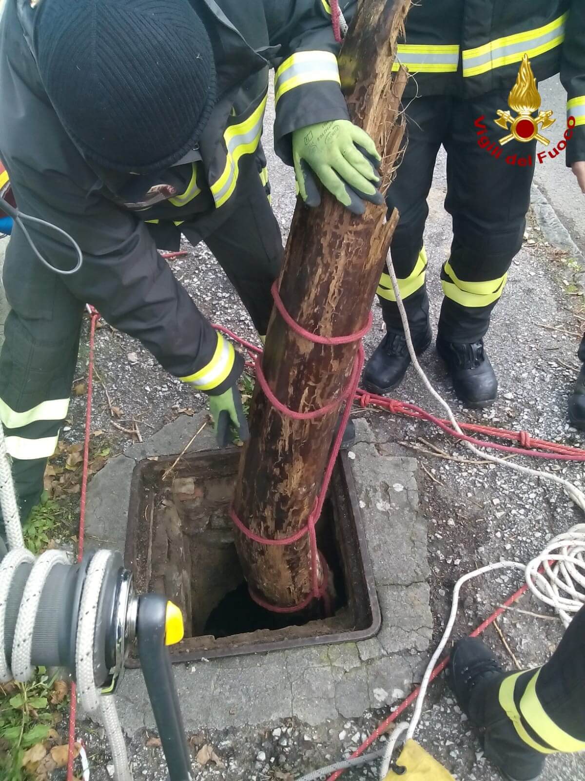 I pompieri tolgono un grosso tronco rimasto incastrato in un canale