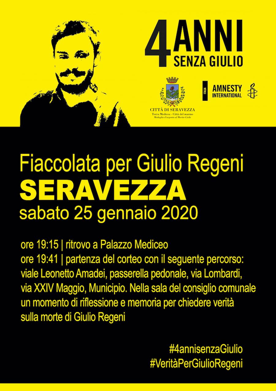 Diritti umani: a Seravezza la mobilitazione versiliese per chiedere verità e giustizia sulla morte di Giulio Regeni