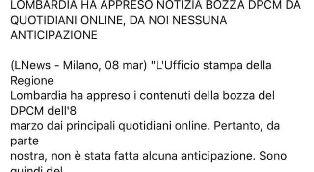 Coronavirus, Lega Salvini Premier:&#8221;Nessuna anticipazione della bozza, appresa notiza da quotidiani&#8221;