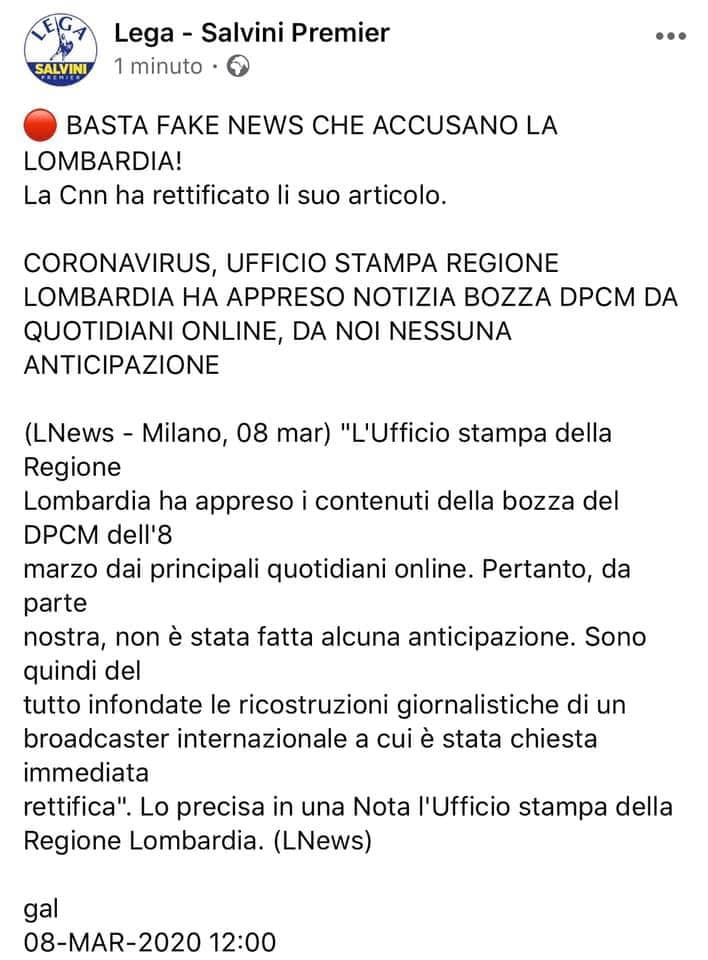 Coronavirus, Lega Salvini Premier:”Nessuna anticipazione della bozza, appresa notiza da quotidiani”
