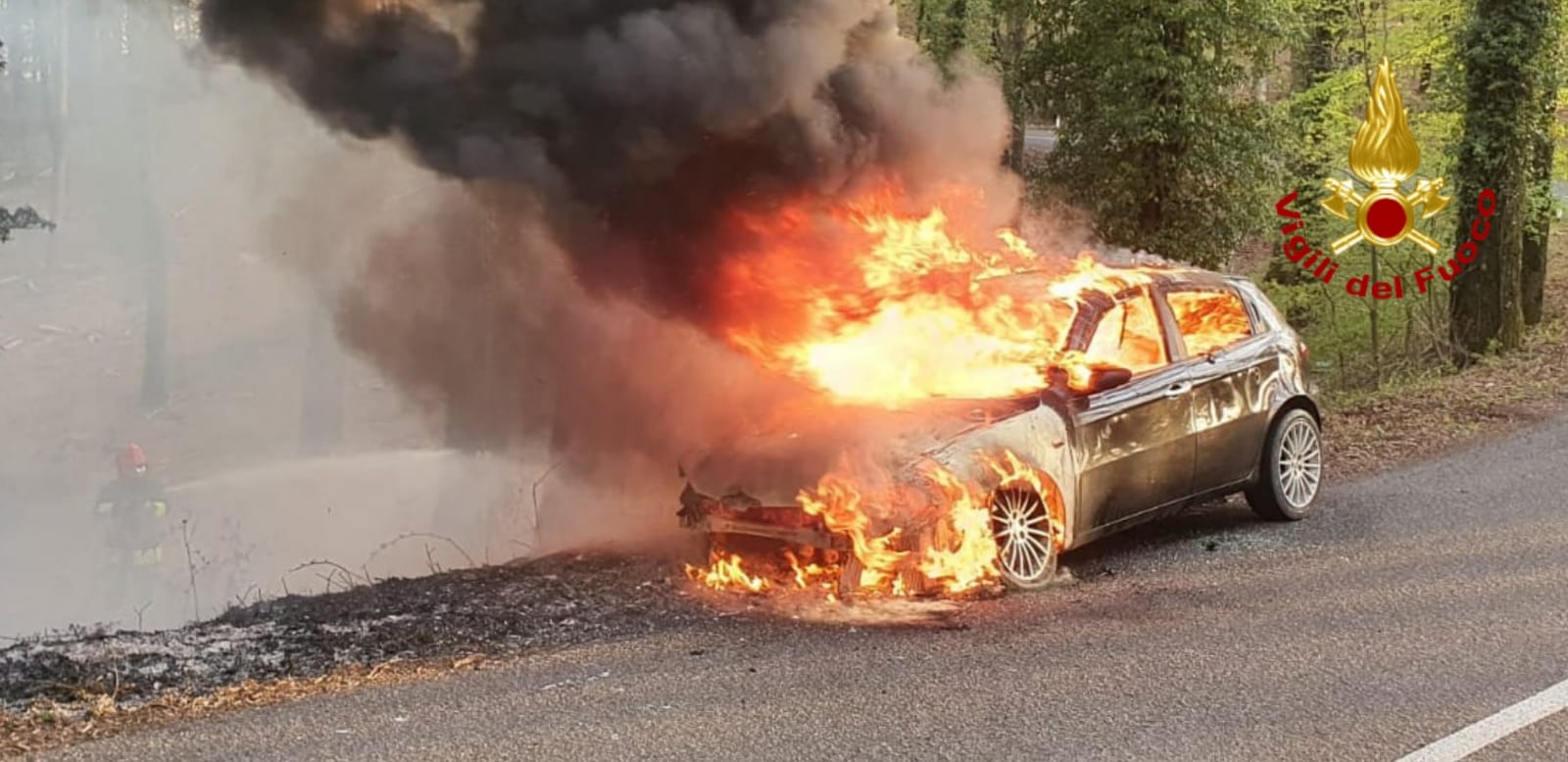 Auto in fiamme, il fuoco brucia la vegetazione circostante