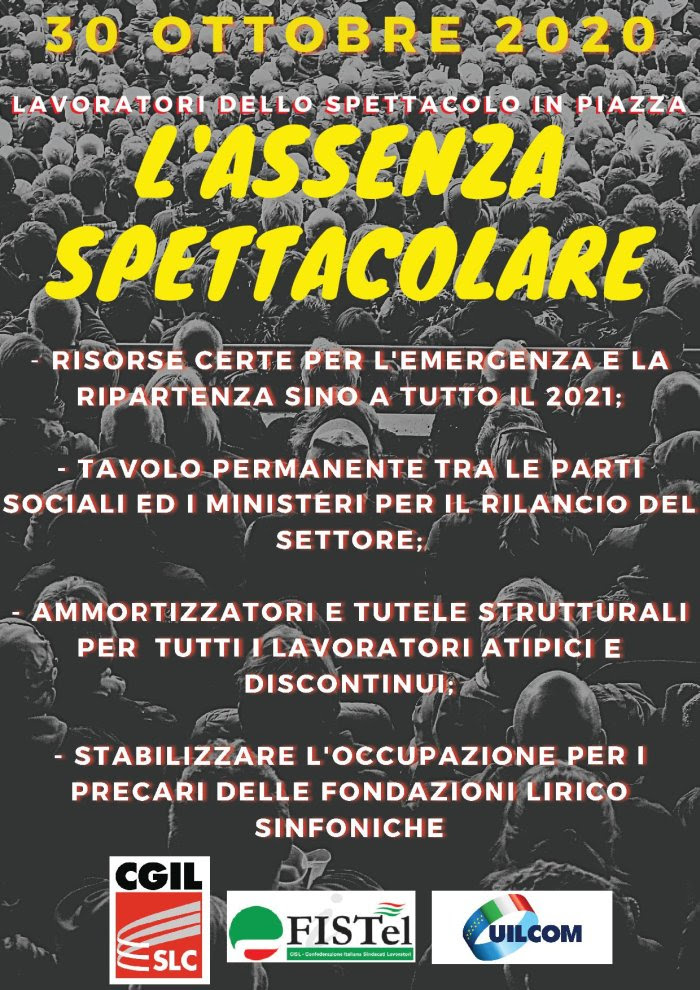 Slc Cgil Fistel Cisl Uicom Uil Toscana: 30 ottobre lavoratori delle spettacolo in piazza. ‘L’assenza Spettacolare’