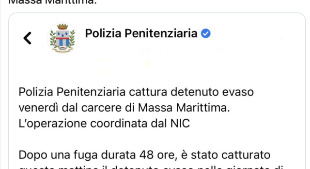 Evade dal carcere, riacciuffato 48 ore dopo. I complimenti del ministro Bonafede