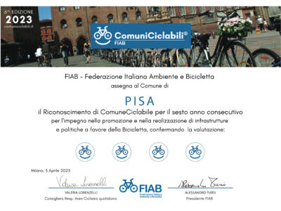 <strong>Mobilità sostenibile, Pisa conferma il riconoscimento Fiab di Comune ciclabile</strong>