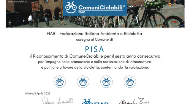 <strong>Mobilità sostenibile, Pisa conferma il riconoscimento Fiab di Comune ciclabile</strong>